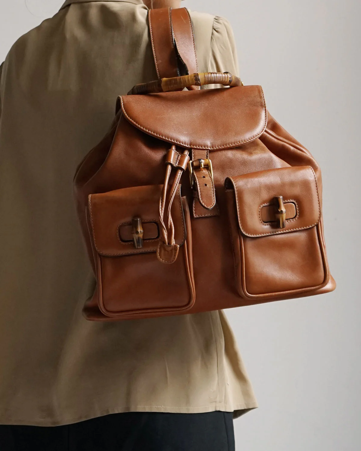 Leather Backpack Bamboo Handle - Image 3