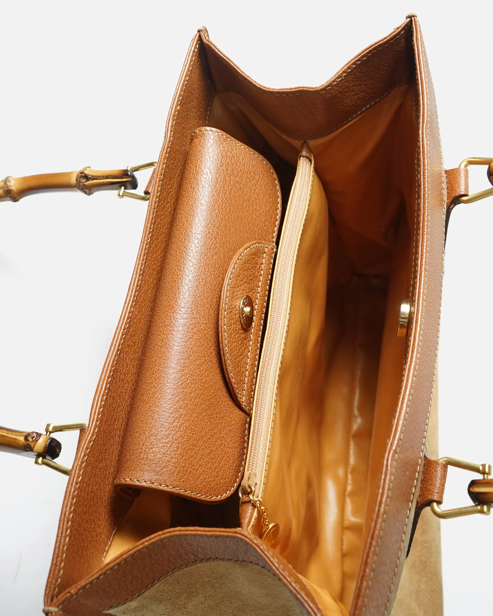 Leather Trim Suede Bag w/ Bamboo Handle - Image 3