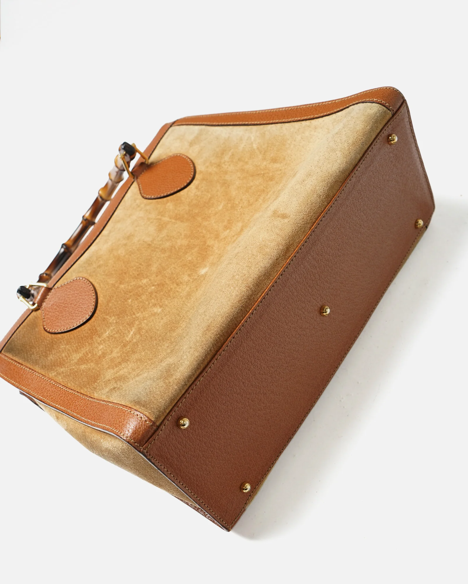 Leather Trim Suede Bag w/ Bamboo Handle - Image 4